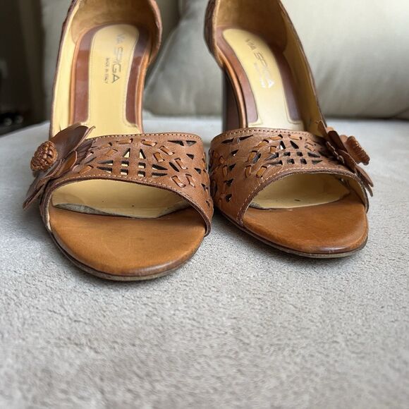Via Spiga Tan Woven Leather Open Toe Heels Women 8.5 Cut Outs Flower Casual - Picture 10 of 16